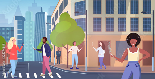 mix race people smoking marijuana joint drugs consumption legalization cannabis addiction concept modern city street cityscape background full length horizontal vector illustration