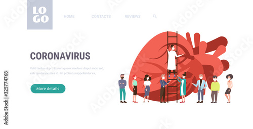 doctor climbing ladder examining injured human heart with coronavirus symptoms epidemic MERS-CoV virus wuhan 2019-nCoV horizontal full length copy space vector illustration