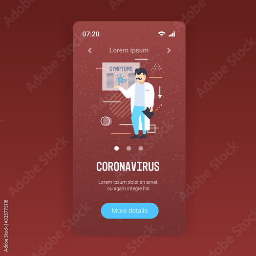 doctor pointing at medical board with coronavirus symptoms epidemic MERS-CoV virus wuhan 2019-nCoV smartphone screen mobile app full length copy space vector illustration