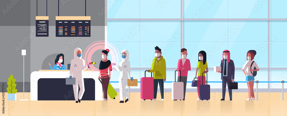 epidemic MERS-CoV medical worker in hazmat suit checking passengers temperature at airport terminal coronavirus infection wuhan 2019-nCoV pandemic health risk concept full length horizontal vector - obrazy, fototapety, plakaty 