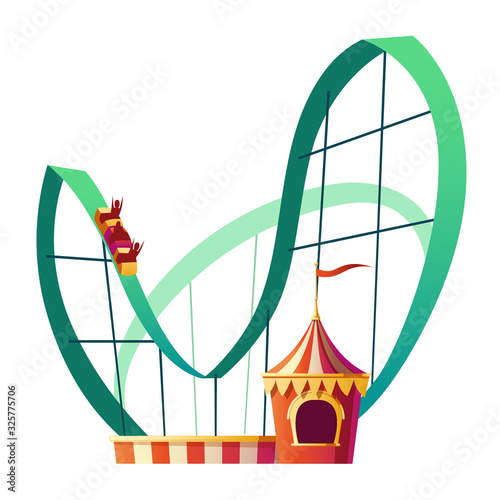Roller coaster ride. Rollercoaster attraction with happy people in amusement carnival park isolated on white background. Festive fair and recreation entertainment Cartoon vector illustration, clip art