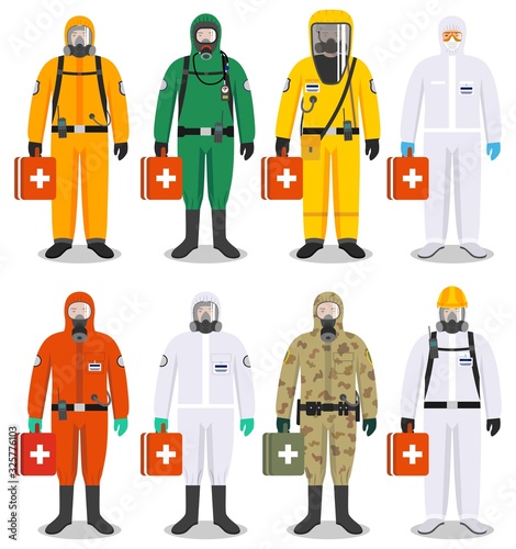 Medical concept. Detailed illustration different doctors in differences protective suits on white background in flat style. Dangerous profession. Virus, infection, epidemic, quarantine. Vector.