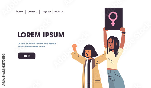 women empowerment activists protesting holding placard with female gender sign feminist demonstration girl power movement rights protection concept portrait horizontal copy space vector illustration