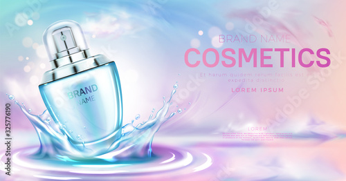 Cosmetics perfume bottle on splashing water surface with circles on pink cloudy sky background. Glass spray tube package promo mockup banner design. Cosmetics product Realistic 3d vector illustration