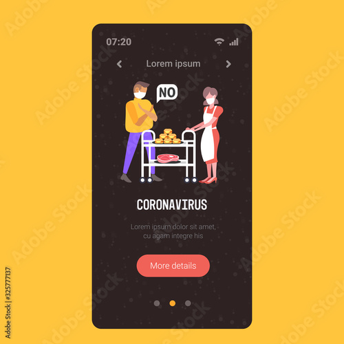 man in mask doing cross arms say no to waitress with meat and burger to prevent coronavirus epidemic MERS-CoV virus wuhan 2019-nCoV health risk concept mobile app smartphone screen full length vector