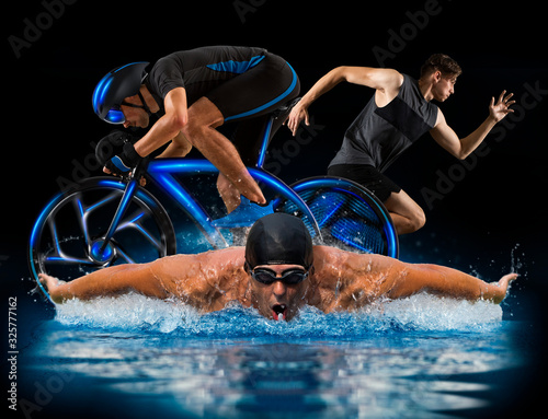 Triathlon sport collage. Man running, swimming, biking for competition race photo