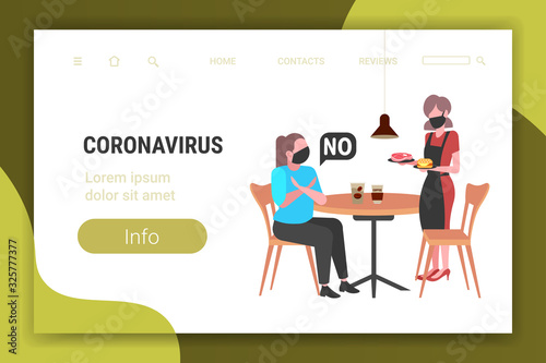 woman in mask doing cross arms say no to waitress with meat and burger to prevent coronavirus epidemic MERS-CoV virus wuhan 2019-nCoV health risk concept copy space full length horizontal vector