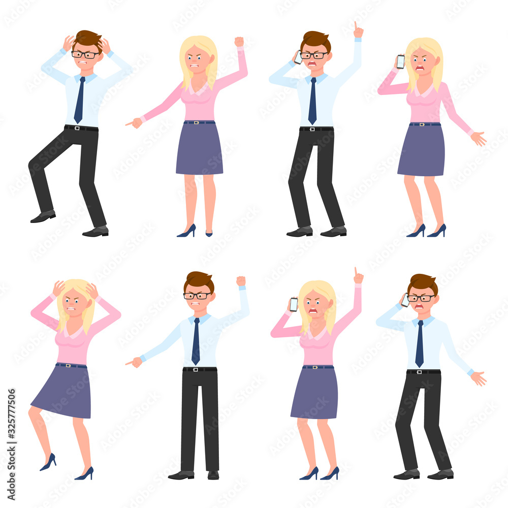 Fototapeta premium Angry, stressed, desperate office boy and girl vector illustration. Shouting, pointing finger, screaming, talking on phone glasses male and blonde female cartoon character set on white