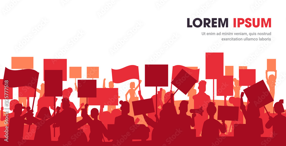 silhouette of people crowd protesters holding protest posters men women with blank vote placards demonstration speech political freedom concept horizontal portrait copy space vector illustration - obrazy, fototapety, plakaty 