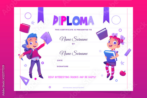 Kids school diploma certificate happy children with books jumping, boy and girl preschool or kindergarten graduation document, creative template with place for filling name cartoon vector illustration