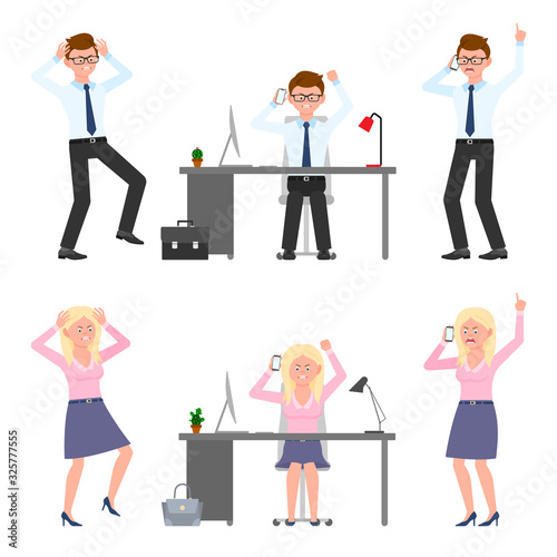 Angry  stressed  desperate  mad man and woman vector illustration. Shouting  pointing finger  talking on phone boy and girl cartoon character set on white