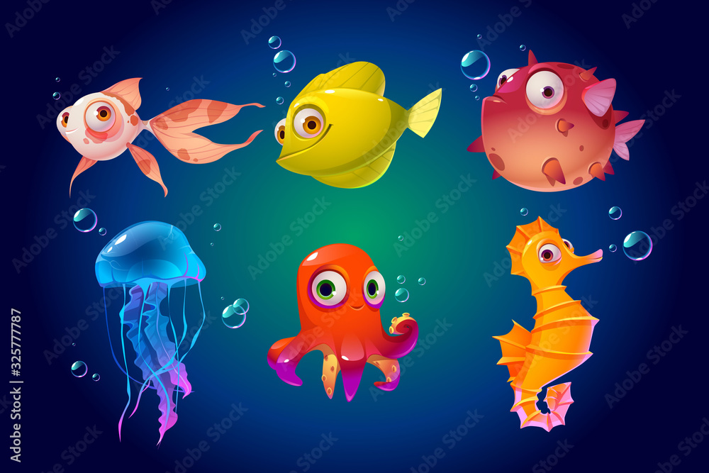 Cute sea animals, fish, octopus, jellyfish. Vector cartoon characters in  ocean. Funny underwater creatures seahorse, puffer fish. Tropical aquatic  fauna Stock Vector | Adobe Stock