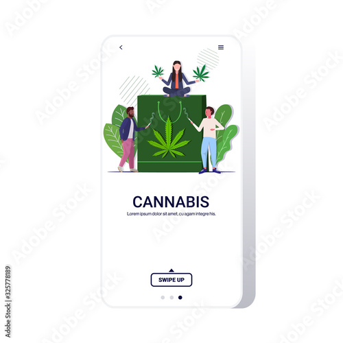 mix race people smoking joint drugs consumption legalize cannabis addiction concept shopping bag with marijuana leaf full length smartphone screen mobile app copy space vector illustration