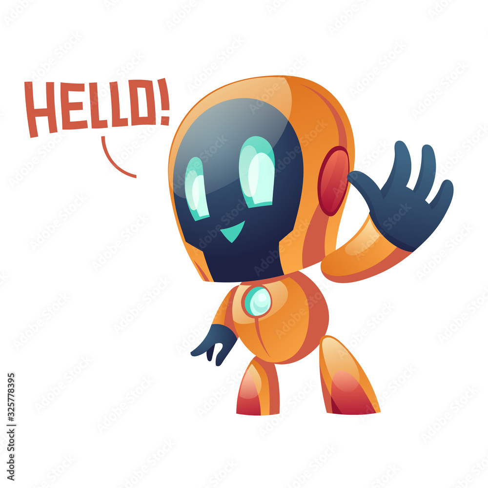 Robot say hello and waving hand to user, cute friendly ai chatbot customer support and online consultation Futuristic innovation, artificial intelligence digital technology Cartoon vector illustration Robot say hello and waving hand to user, cute friendly ai chatbot customer support and online consultation Futuristic innovation, artificial intelligence digital technology Cartoon vector illustration