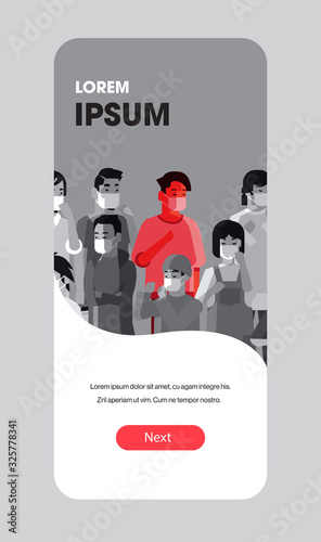 asian people in protective masks sick man having temperature infection symptoms epidemic MERS-CoV coronavirus concept wuhan 2019-nCoV pandemic medical health risk portrait mobile app vector
