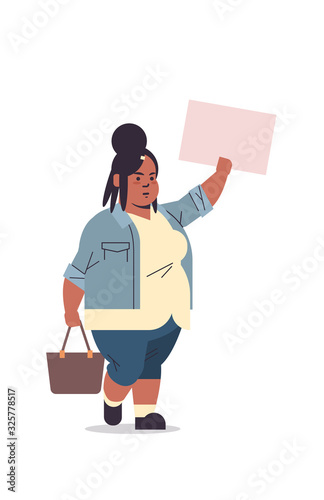 overweight african american woman activist protesting holding blank placard feminist demonstration girl power movement rights protection women empowerment concept full length vertical vector