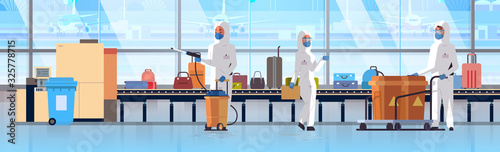 medical workers in hazmat suits cleaning disinfecting baggage conveyor belt at airport coronavirus epidemic MERS-CoV virus concept wuhan 2019-nCoV pandemic health risk full length horizontal vector
