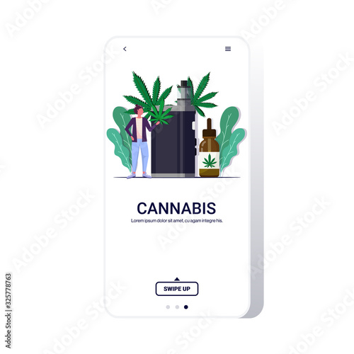 woman holding cannabis leaf using vaporizer e-cigarette cbd vaping drug consumption concept marijuana liquid for vaping smartphone screen mobile app copy space full length vector illustration