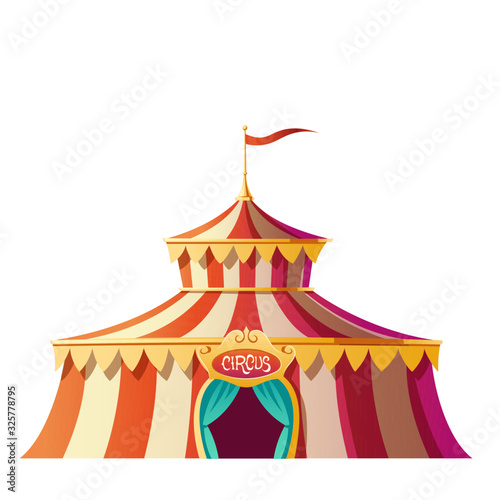 Circus tent with red and white stripes on carnival funfair, amusement park. Vector cartoon icon of cirque marquee, festival canopy with flag on top and open entrance isolated on white background