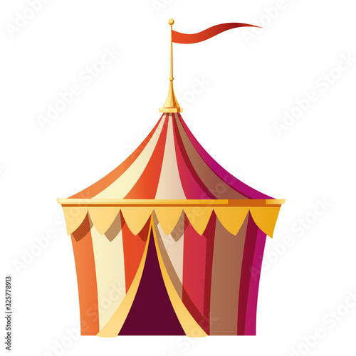 Circus tent with red and white stripes on carnival funfair, amusement park. Vector cartoon icon of small marquee, festival kiosk with flag on top and open entrance isolated on white background