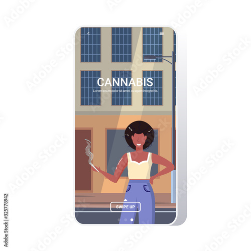 african american woman smoking marijuana joint drugs consumption legalization cannabis addiction concept smartphone screen mobile app cityscape background full length copy space vector illustration
