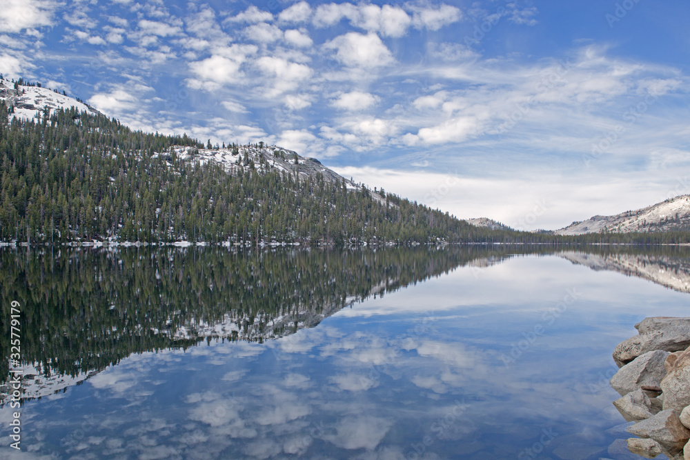 Landscape of Tenaya Lake with reflections of the Sierra Nevada Mountains and conifers in calm water, Yosemite National Park, California, USA