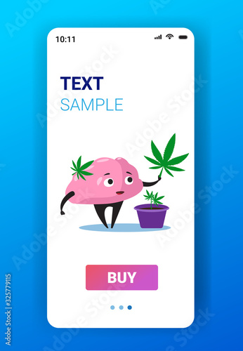 human brain holding marijuana leaf ganja legalize drug consumption cannabis addiction concept mobile app smartphone screen vertical copy space vector illustration