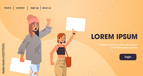 women empowerment activists protesting holding blank placards feminist demonstration girl power movement rights protection concept portrait horizontal copy space vector illustration