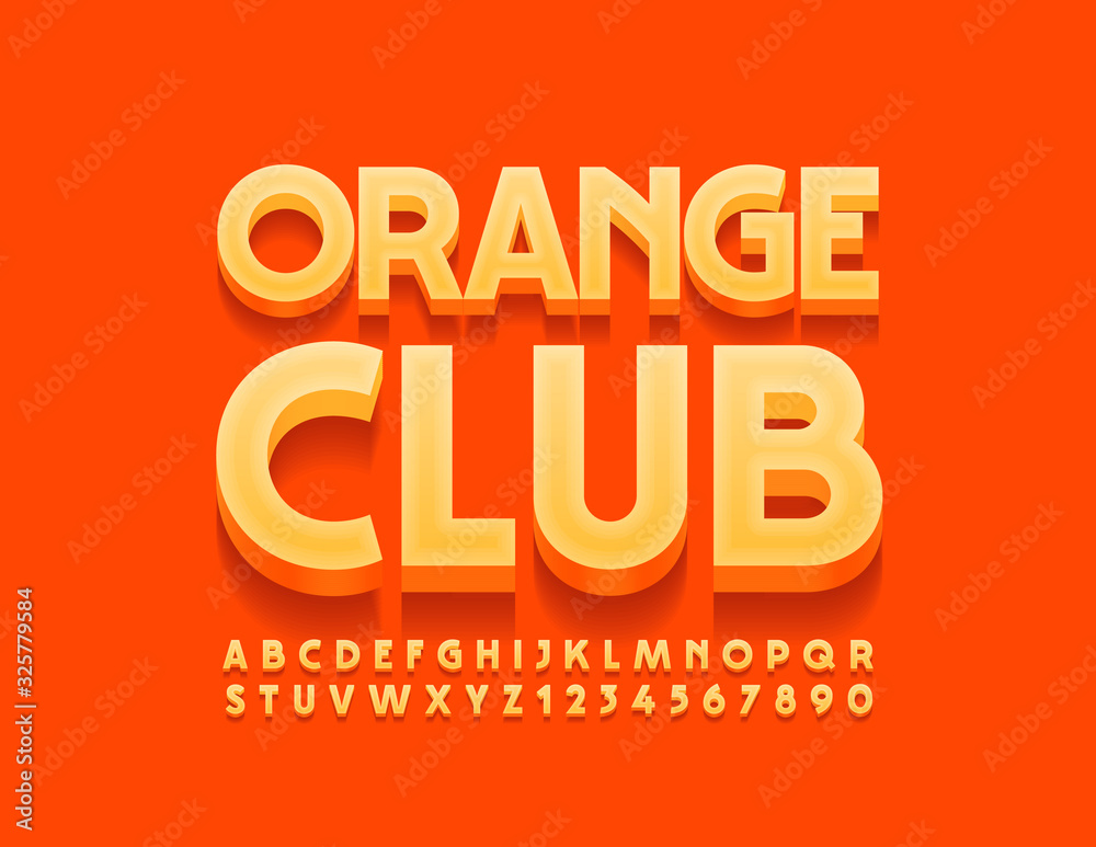 Vector bright logo Orange Club. Stylish 3D Font. Creative Uppercase Alphabet Letters and Numbers.
