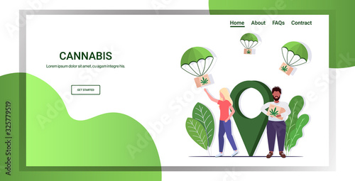 mix race couple catching cannabis parcel box falling down with parachute from sky marijuana air mail express delivery drug consumption concept full length flat copy space vector illustration