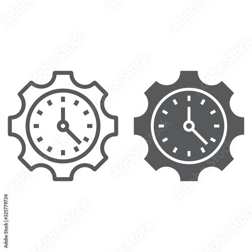 Timemanagement line and glyph icon, business and deadline, cogwheel with clock sign, vector graphics, a linear pattern on a white background, eps 10.