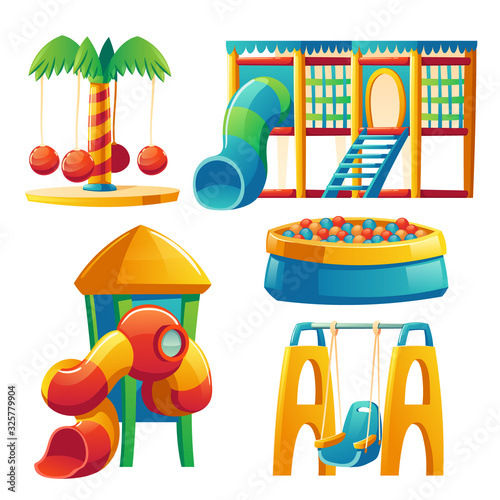 Kids playground in play park with carousel, spiral tube slide, ball poll and swing. Vector cartoon equipment in amusement center or kindergarten isolated on white background