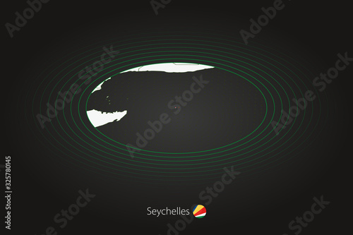 Seychelles map in dark color, oval map with neighboring countries.