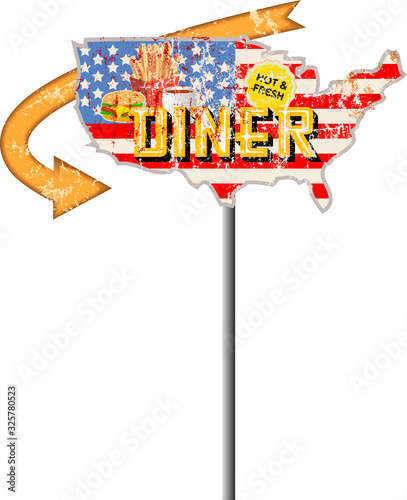 grungy vintage american diner sign, retro style, vector illustration