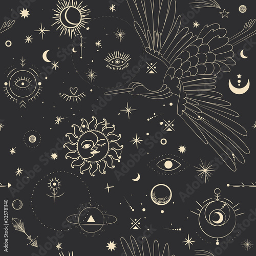Vector illustration set of moon phases. Different stages of moonlight activity in vintage engraving style. Zodiac Signs