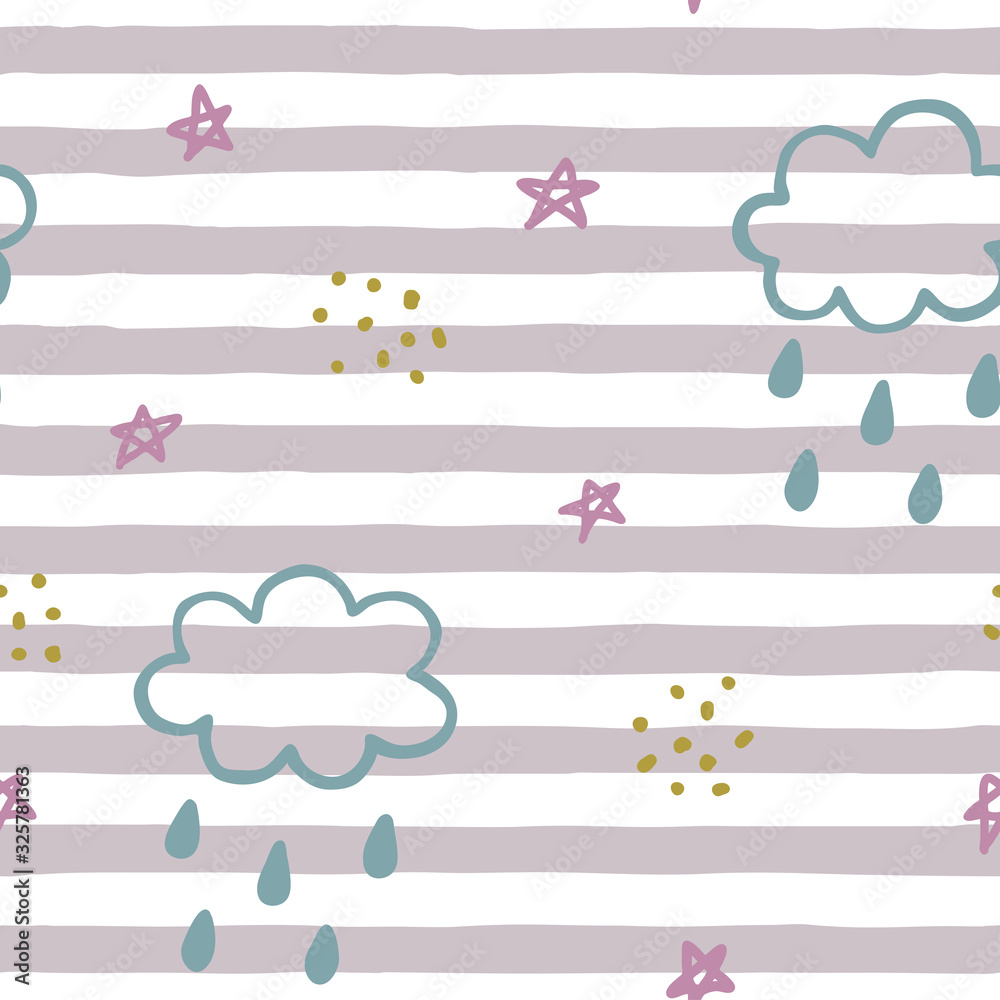 Rain and clouds on striped background. Seamless pattern