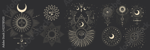 Vector illustration set of moon phases. Different stages of moonlight activity in vintage engraving style. Zodiac Signs