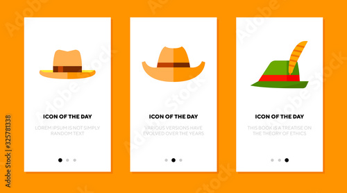 Cowboy and ranger hat flat icon set. Cap, protection, man isolated vector sign pack. Head dress and accessory concept. Vector illustration symbol elements for web design and apps