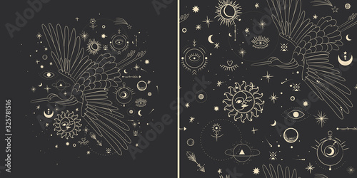 Vector illustration set of moon phases. Different stages of moonlight activity in vintage engraving style. Zodiac Signs