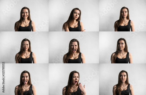 Set of young woman's portraits with different emotions. Young beautiful cute girl showing different emotions. Laughing, smiling, anger, suspicion, fear, surprise. photo