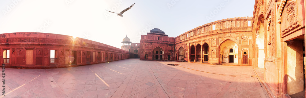Jahangir Palace in Red Agra Fort, sunny panorama, India