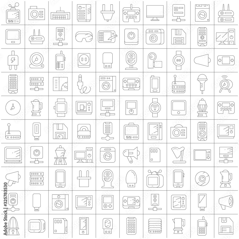 big set of electronic device and appliance icons thin line design