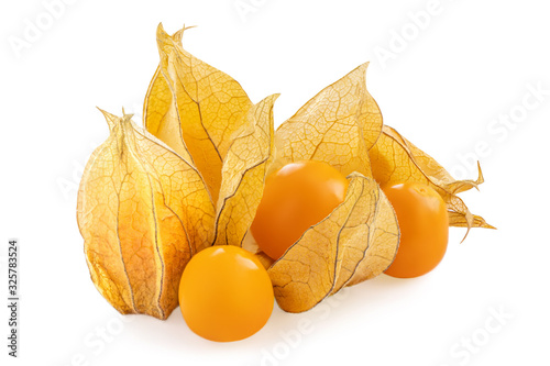 Physalis berry isolated on white background. Fresh golden Physalis (Cape gooseberry) close up.