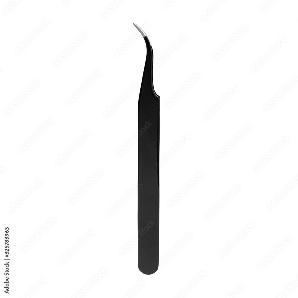 Black curved tweezers for eyelash extensions and eyebrows on a white background isolated. Tools for master beauticians, for plucking hair. Cosmetic products for body care. Makeup.