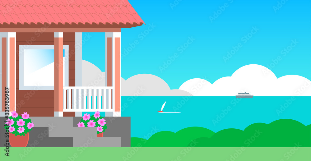 The cozy porch of a rustic wooden house with steps and a veranda. In the background is a sea resort with ships. Vector flat illustration.