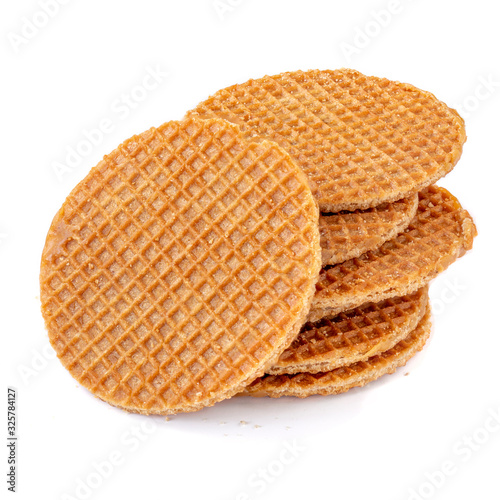 Dutch Caramel waffle, stacked round stroopwafel isolated on a white background