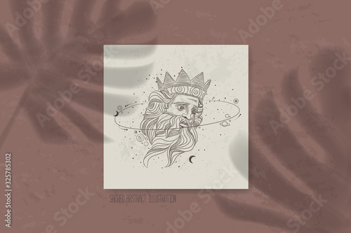 shadow of a tropical leaf on paper. tarot cards, seance, astral sacred illustration. geometry, the solar system, cosmic bodies, the sun and the moon. Vector graphics