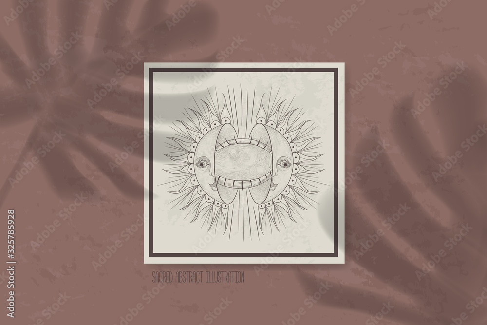 Obraz premium shadow of a tropical leaf on paper. tarot cards, seance, astral sacred illustration. geometry, the solar system, cosmic bodies, the sun and the moon. Vector graphics