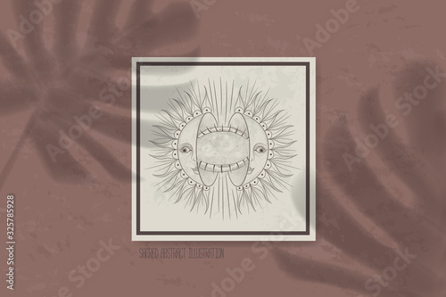 shadow of a tropical leaf on paper. tarot cards, seance, astral sacred illustration. geometry, the solar system, cosmic bodies, the sun and the moon. Vector graphics