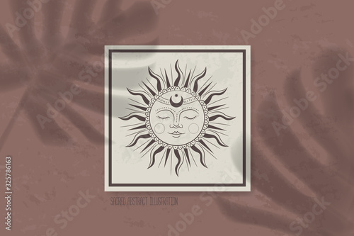 shadow of a tropical leaf on paper. tarot cards, seance, astral sacred illustration. geometry, the solar system, cosmic bodies, the sun and the moon. Vector graphics
